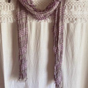 Mudd Gray Purple Plaid Ruched Crinkle Frayed Fringe Oblong Fashion Scarf 68”
